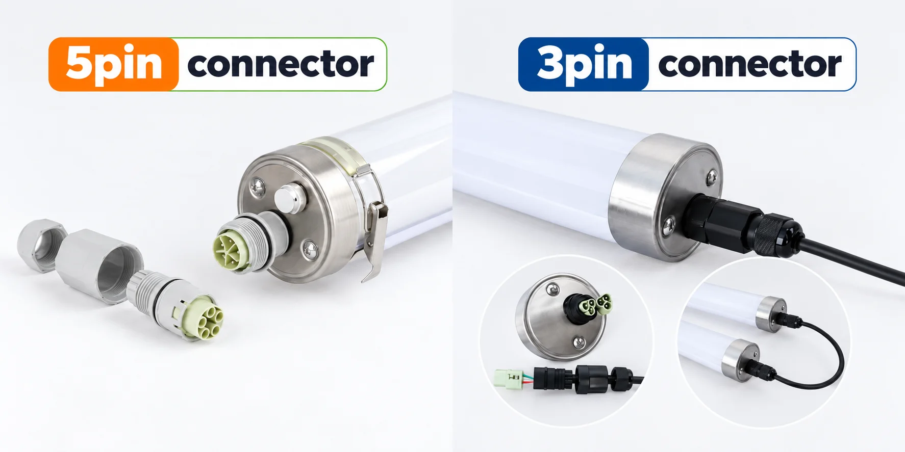 5pin vs 3pin quick-connection detail for a linkable tri-proof light