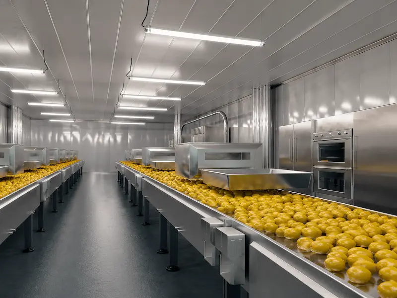 Food processing room with tubular LED lighting above processing equipment