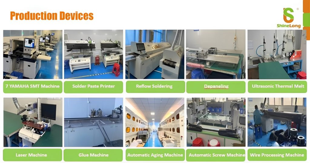 ShineLong production devices: SMT Machine, Laser Machine, Solder Paste Printer, Glue Machine, Reflow Soldering, Automatic Aging Machine, Depaneling, Automatic Screw Machine, Ultrasonic, Thermal Melt, Wire Processing Machine