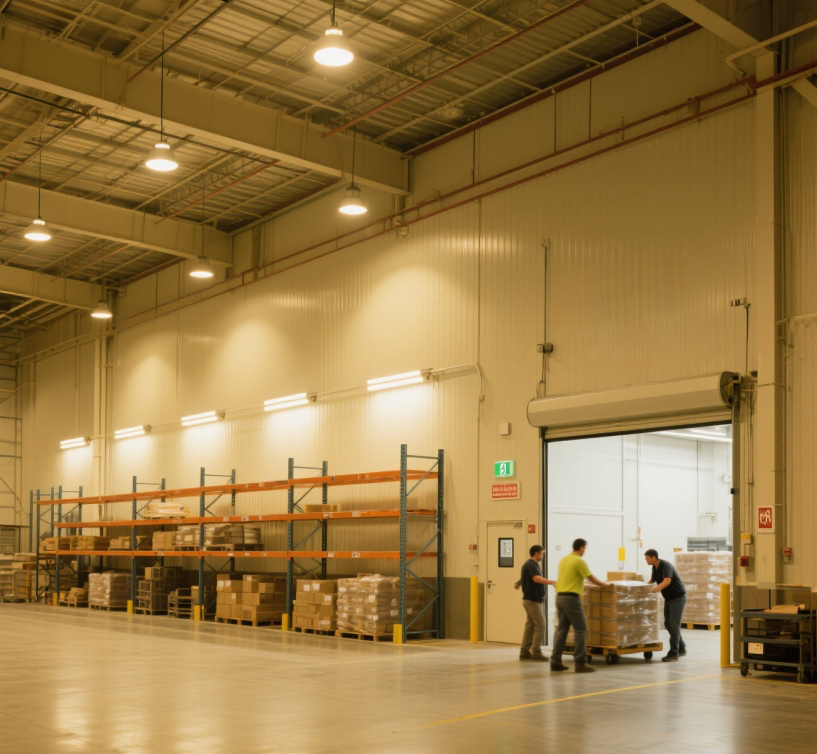 Warehouse equipped with high bay lights and tri-proof lights