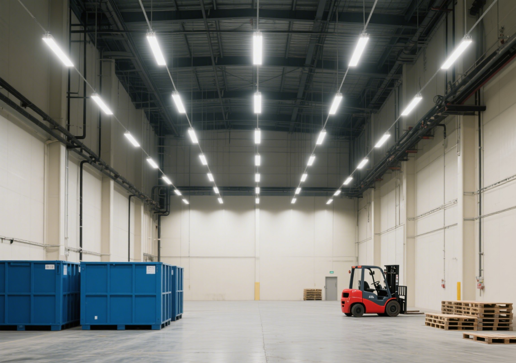 warehouse with LED tri-proof linear lights installed on the high ceiling