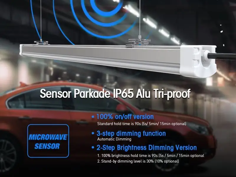 Energy efficient LED parking garage lighting with motion sensors