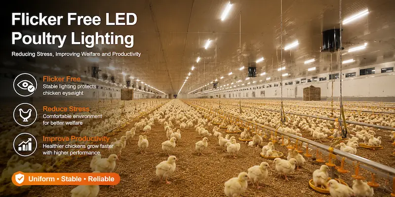 Flicker free LED poultry lighting reducing stress in chicken farm