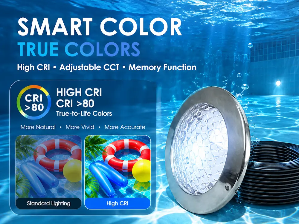 Nerion 10-inch LED pool light fixture with stainless steel housing and cable