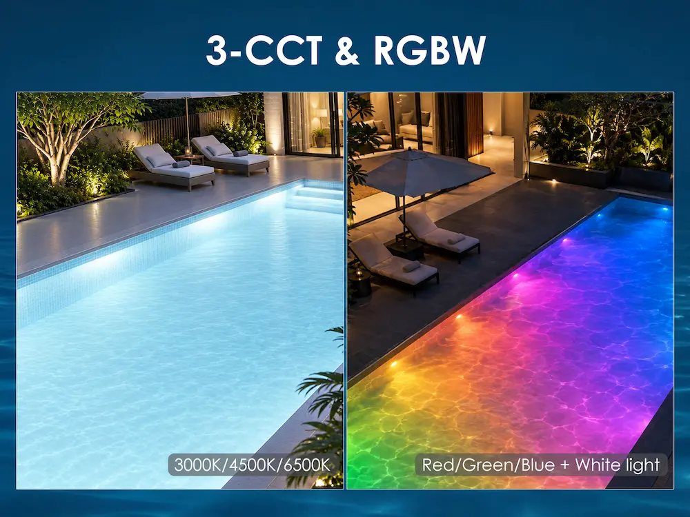 Side-by-side swimming pool examples showing 3-CCT white light and RGBW color plus white light